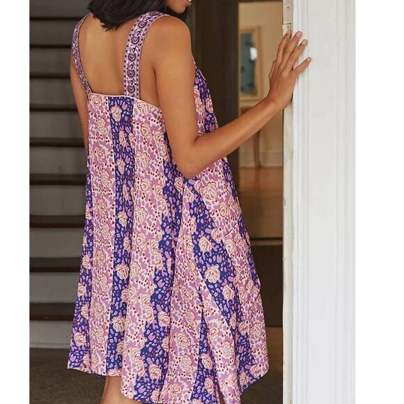 Anthropologie Palms Lilac Blue Floral Slip Mini Dress, size Medium - Picture 3 of 7
